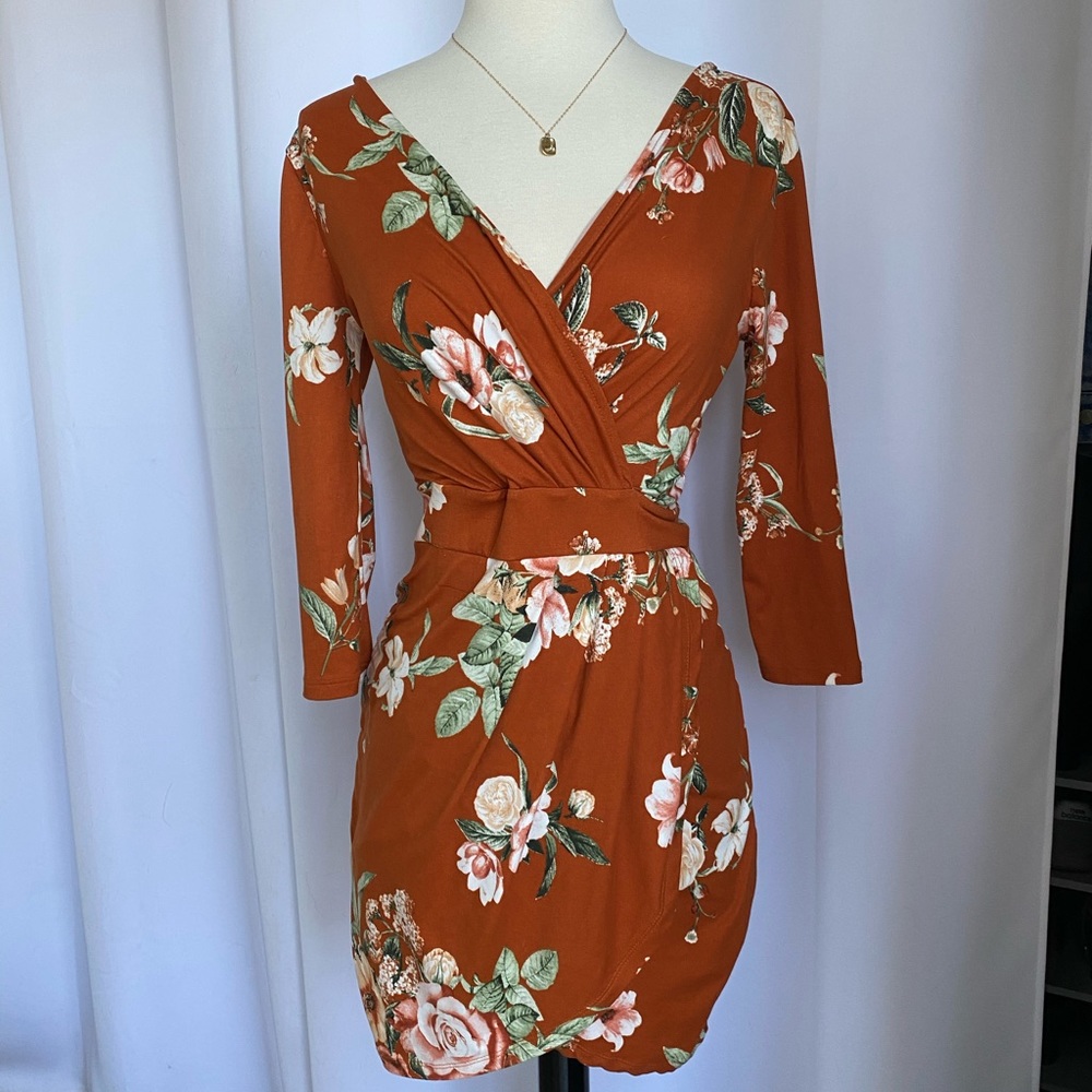 Floral Rust Body Con Dress Sz S